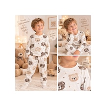 Genel Markalar Unisex Çocuk Erkek&kız Pijama Takımı Ayı Baskılı Gece Uyku Pijaması Beyaz Beyaz
