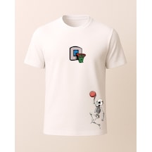 Basketbol Oynayan Kuru Kafa Baskılı T-shirt Beyaz