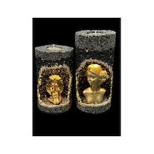 Kadın Ve Melek Figürlü Led Işıklı Tealight Mumluk 2 Li Siyah Gold Ve Gümüş 20x10 Ve 16x10 Cm