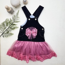2-3-4 Yaş Fiyonklu Düğme Detaylı Tül Etek Kot Kumaş Salopet Kız Çocuk Elbisesi Siyah-gül Kurusu 001
