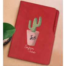 Bk Gift Kişiye Özel Kaktüs Tasarımlı Kırmızı Termo Deri Not Defteri 15x21cm-5
