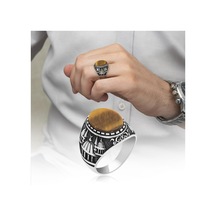 Cami Motifli Kaplan Gözü Taşlı 925 Gümüş Erkek Yüzük