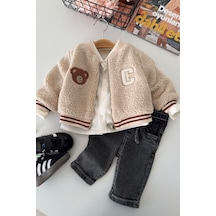 Minigimin Cicileri Bear Aplike Detaylı Peluş Hırkalı Erkek Bebek 3 Lü Takım - Bej