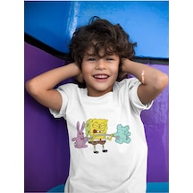 Sevbano Unisex Sporcu Süngerbob Baskılı Çizgi Film Çocuk Tişört 1-12 Yaş Beyaz