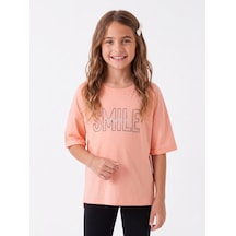 Onloox Kız Çocuk Somon Kız Çocuk Somon Pamuklu Penye Bisiklet Yaka Regular Smile Yazı Baskılı Taşlı Tişört 9-16 Yaş