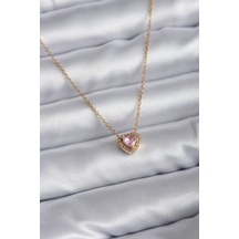Ezoconcept 316l Çelik Zincir Gold Renk Pembe Zirkon Taşlı Charm Kadın Kolye