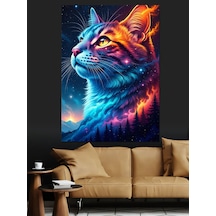 Ahşap Tablo Renkli Uzaylı Kedi Portresi