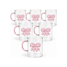 6 Lı 240 Ml Pembe Fiyonk Kurdele Detaylı Cam Kupa Seti Çay Kahve Bardağı Şeffaf
