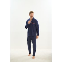 Sevim Erkek Uzun Kol Gömlek Yaka Önden Düğmeli Lacivert Pijama Takım C0t1n5o9 001