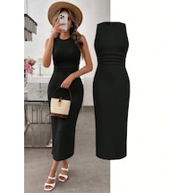 DefyModa Kadın Askılı Bisiklet Yaka Beli Büzgülü Uzun Bürümcük Elbise Siyah