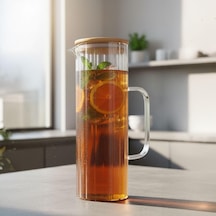 1000ml Bambu Kapaklı Line Borosilikat Cam Yağlık & Sürahi Şık, Dayanıklı Ve Sağlıklı Sakl