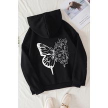 Siyah Flower Butterflies Baskılı Oversize Sweatshirt Hoodie
