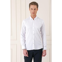 Efor Slim Fit Düğmeli Yaka Dokulu Pamuklu Klasik Beyaz Gömlek Gk 717 Beyaz