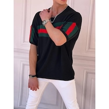 Modefendi Digital Baskı Şerit Detaylı Oversize Triko Siyah