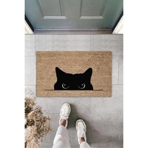 Dijital Kara Kedi Bej Kapı Paspası Dış Mekan Paspas K-3185 Renkli