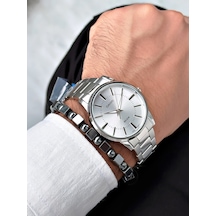 Gümüş Renk Çelik Kordon 50 Metre Su Geçirmez Erkek Kol Saati + Bileklik Hediyeli Nda3179