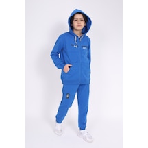Toontoy Kids Toontoy Erkek Çocuk 2'li Takım Baskılı Kapüşonlu Fermuarlı Cepli Sweatshirt & Beli Paçası Lastikli Cepli Jogger Eşofman Altı - 2 İplik Saks