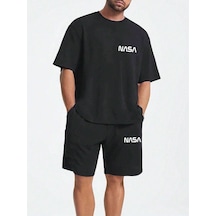 Nasa Logo T-shirt Şort - Siyah Alt Üst Kombin Şort Tişört Takım Baskılı Oversize Bisiklet Yaka Siyah