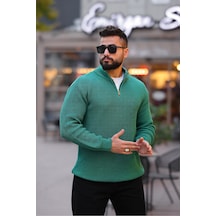 Kalın Örgü Fermuarlı Kazak Yeşil