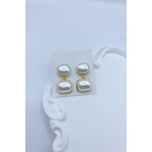 Kadın Küpe Özel Seri Dikdörtgen İki İnci Sallantı Model Küpe Altın