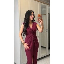 Meleners Kadın Kısa Kollu V Yakalı Önü Sarmal Detaylı Yırtmaçlı Sandy Midi Elbise Bordo