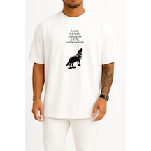 Bahriyeli Collection Oversize Göktürk Tanrı Türkü Korusun Göğüs Tasarımlı Unisex T-shirt Beyaz
