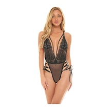Leyna Herşeytrend İp Detaylı Dantelli Siyah Transparan Fantezi Body Bordo