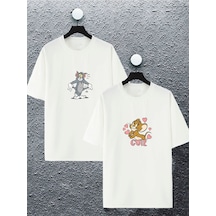 Unisex Kadın Erkek Tom Ve Jerry Cute Baskılı Sevgili Çift Tişört Kombin Oversize Tshirt 2'li Takım Beyaz Mck2448 Beyaz