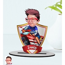 Kişiye Özel Isimli Motorcu Çocuk Karikatürlü Ahşap Biblo Model-1