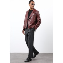 Antioch 100% Deri Biker Ceket Bordo