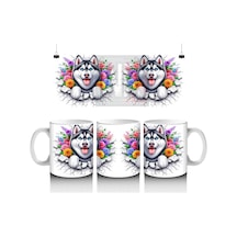 Çiçek Taçlı Gülümseyen Husky Deseni Baskılı Kahve Kupası Renkli