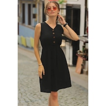 Defymoda Kadın V Yakalı Önden Düğme Detay Beli Lastikli Keten Kısa Elbise Siyah