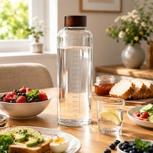 1000 Ml Akasya Kapaklı Cam Matara Ölçekli Su Şişesi Sızdırmaz Kapaklı Şeffaf Cam Suluk