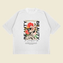 Tarzsokak Beauty Baskılı Oversize Unisex Pamuklu Nefes Alan Kalın Kumaşlı Beyaz