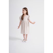 Oliventhekid Kolları Ve Beli Lastikli Kız Çocuk Elbise Ekru Ekru