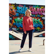 Benerly Kadın Bisiklet Yaka Düşük Kol Çizgili Örme Geniş Kesim Sweatshirt Kırmızı