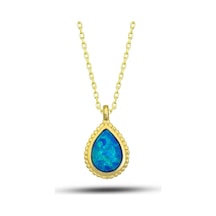 925 Ayar Gümüş Gold Damla Mavi Opal Taşlı Kadın Kolye