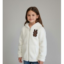 Labubu Nakışlı Pelüş Kapüşonlu Kız Çocuk Hırka Beyaz