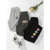 3'lü Design Eşofman Altı Jogger - Gri Füme Siyah Baskılı Lastik Paça Yüksel Bel Gri Füme Siyah-127145
