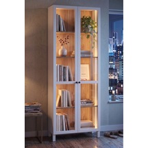 Yoda Temperli Cam Kapaklı Neon Led Işıklı Vitrin Büfe Kitaplık Ahşap Ayaklı 5 Raflı Sepet-beyaz 183cm Yd6-sw
