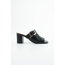Dericia Shoes Legacy Hakiki Deri Kadın Kalın Topuklu Piliseli Terlik Siyah