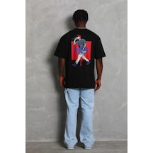 Barlashive Erkek Baskılı Tişört Kısa Kol Bisiklet Yaka Oversize T-shirt - - Siyah Çok Renkli