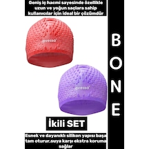 Bone Esnek Yumuşak Silikon Havuz Deniz Yüzme Kulağa Su Geçirmez Büyük Beden Saç Bonesi İkili Set Çok Renkli
