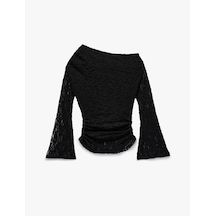 Koton Asimetrik Yaka Uzun İspanyol Kollu Slim Fit Drapeli Dantel Tişört Siyah 6wal10479ık Siyah
