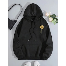 Sunflower Print Kangaroo Pocket Drawstring Hoodie Siyah Siyah