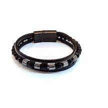 Obsidian Bead Core Siyah Boncuk Detaylı Çift Kat Deri Erkek Bileklik-1422 Antrasit