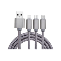 Symbee Gri Nylon Örgü 3'ü Bir Arada Şarj Kablosu - Lightning/type-c/micro Usb Bağlantıları, 2a Hızlı Şarj, Alüminyum Konnektör