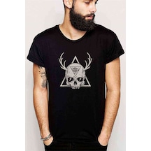 Skull Triangle Geyik Baskılı Siyah Erkek Tshirt
