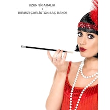 1920&apos Ler 1990&apos Lar Gatsby Kadın Aksesuar Seti Kırmızı Charleston Saç Bandı Ve Sigaralık Altın Ve Çok Renkli