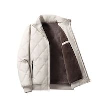 Erkek Sonbahar Ve Kış Dik Yaka Artı Kadife Elmas Ekose Sıcak Pamuklu Ceket Beyaz